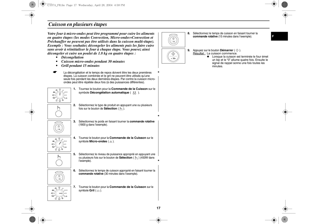 Samsung C107AT-5/XEF manual Cuisson en plusieurs étapes, Symbole Décongélation automatique 