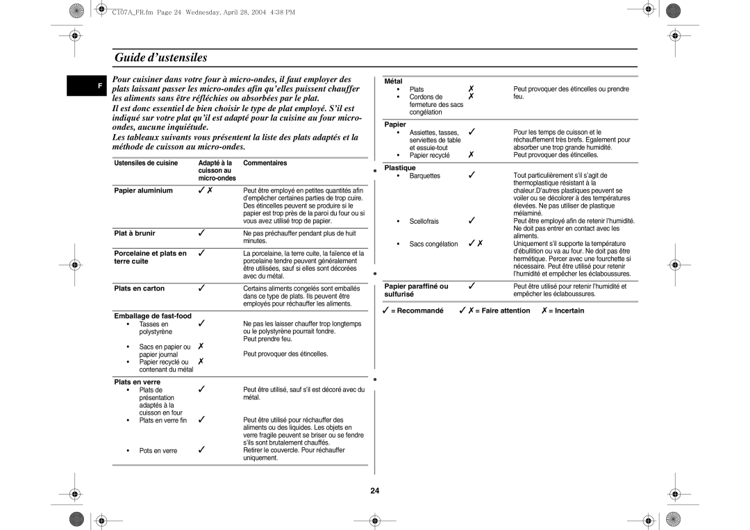 Samsung C107AT-5/XEF manual Guide d’ustensiles 