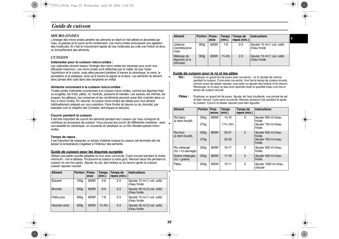 Samsung C107AT-5/XEF manual Guide de cuisson, Micro-Ondes, Cuisson 