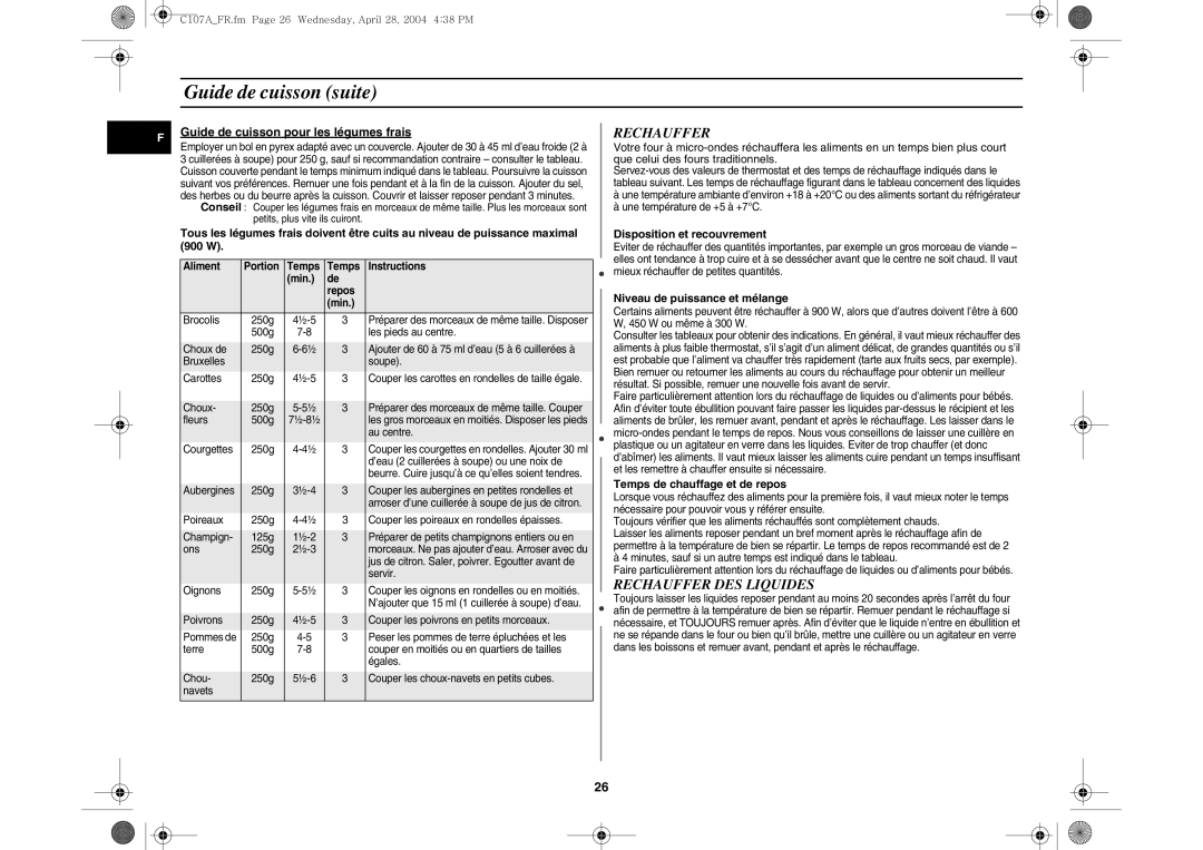 Samsung C107AT-5/XEF manual Guide de cuisson suite, Rechauffer DES Liquides 