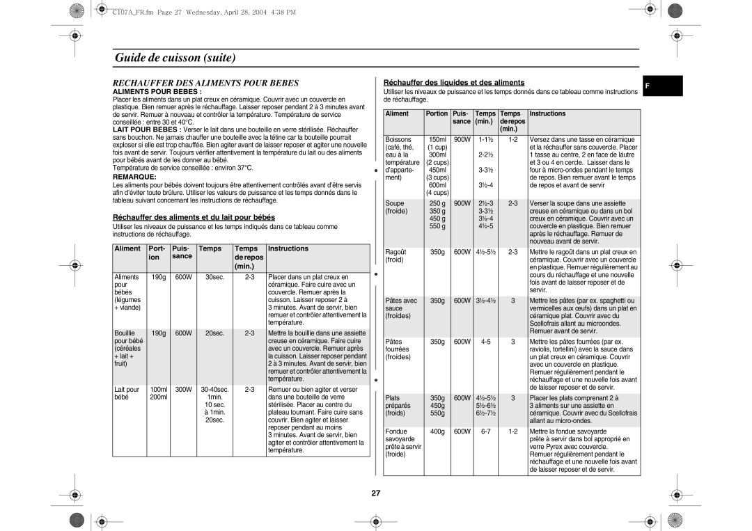 Samsung C107AT-5/XEF manual Rechauffer DES Aliments Pour Bebes, Réchauffer des aliments et du lait pour bébés, Min 