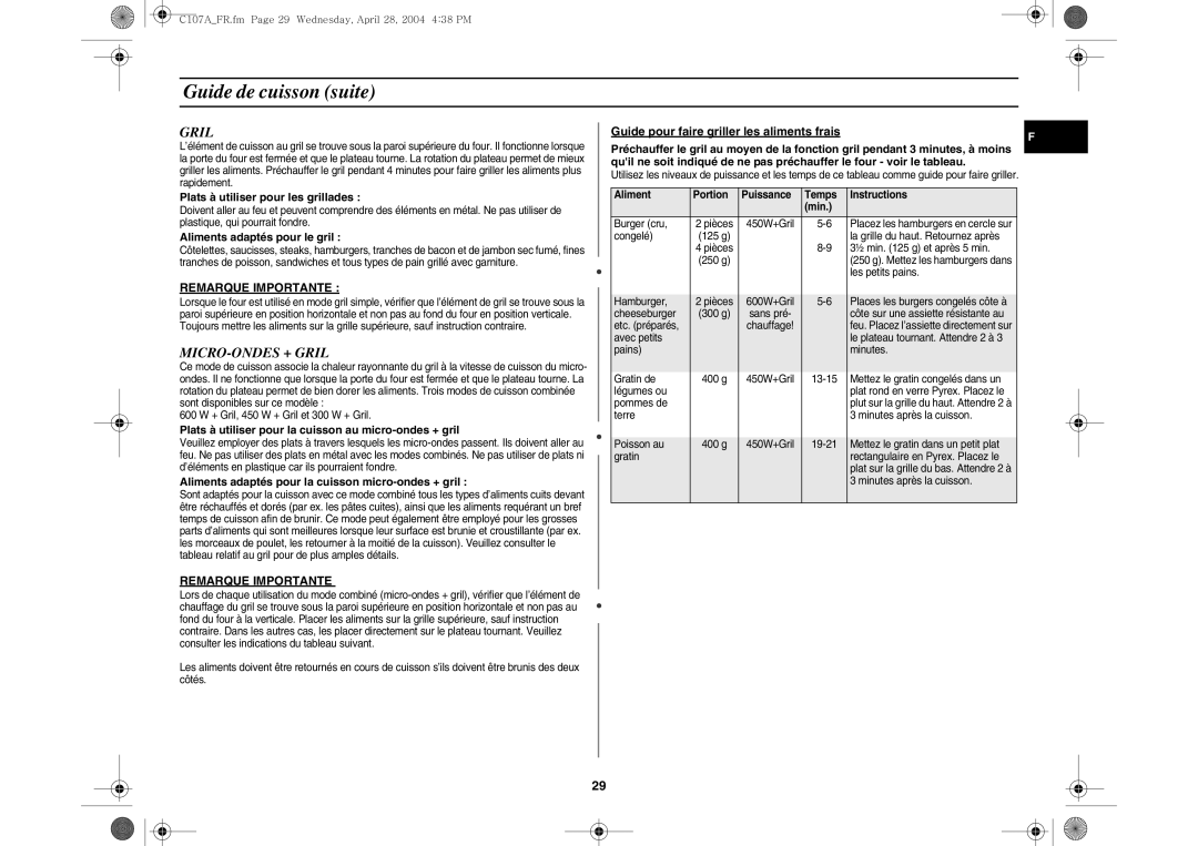 Samsung C107AT-5/XEF manual MICRO-ONDES + Gril 