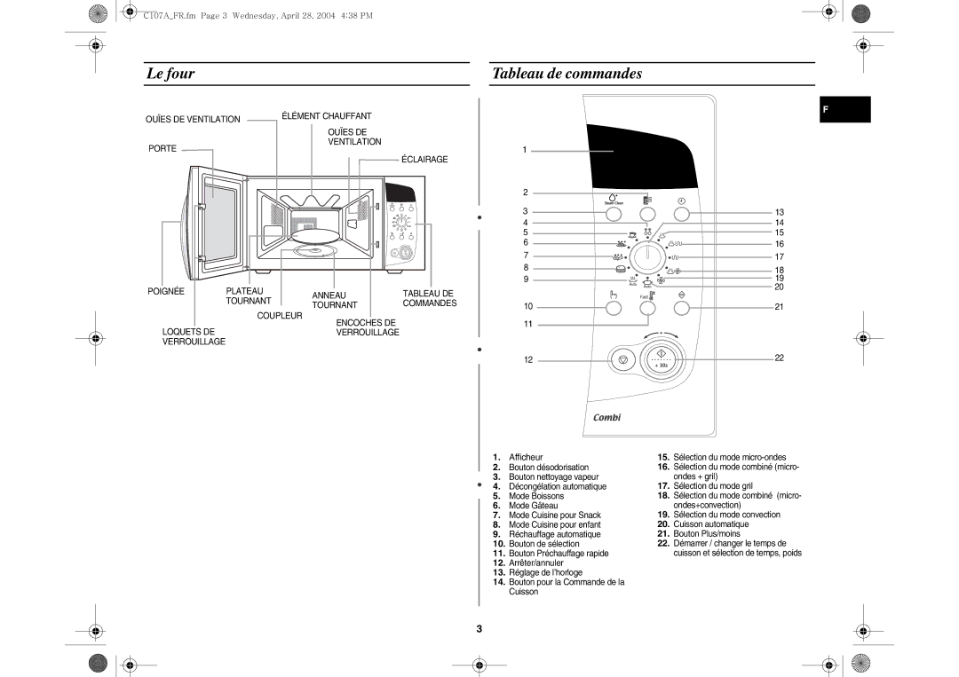 Samsung C107AT-5/XEF manual Le four Tableau de commandes, Coupleur Encoches DE Loquets Deverrouillage Verrouillage 