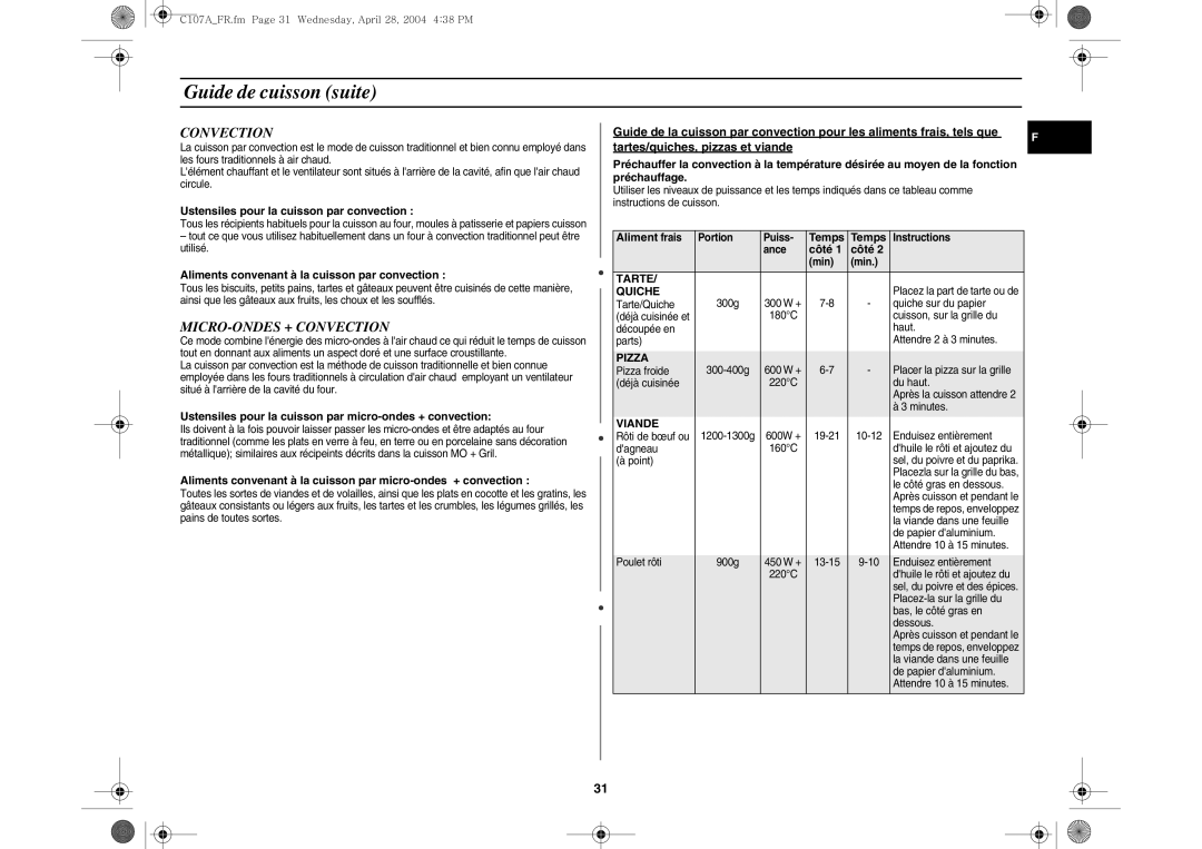 Samsung C107AT-5/XEF manual MICRO-ONDES + Convection 