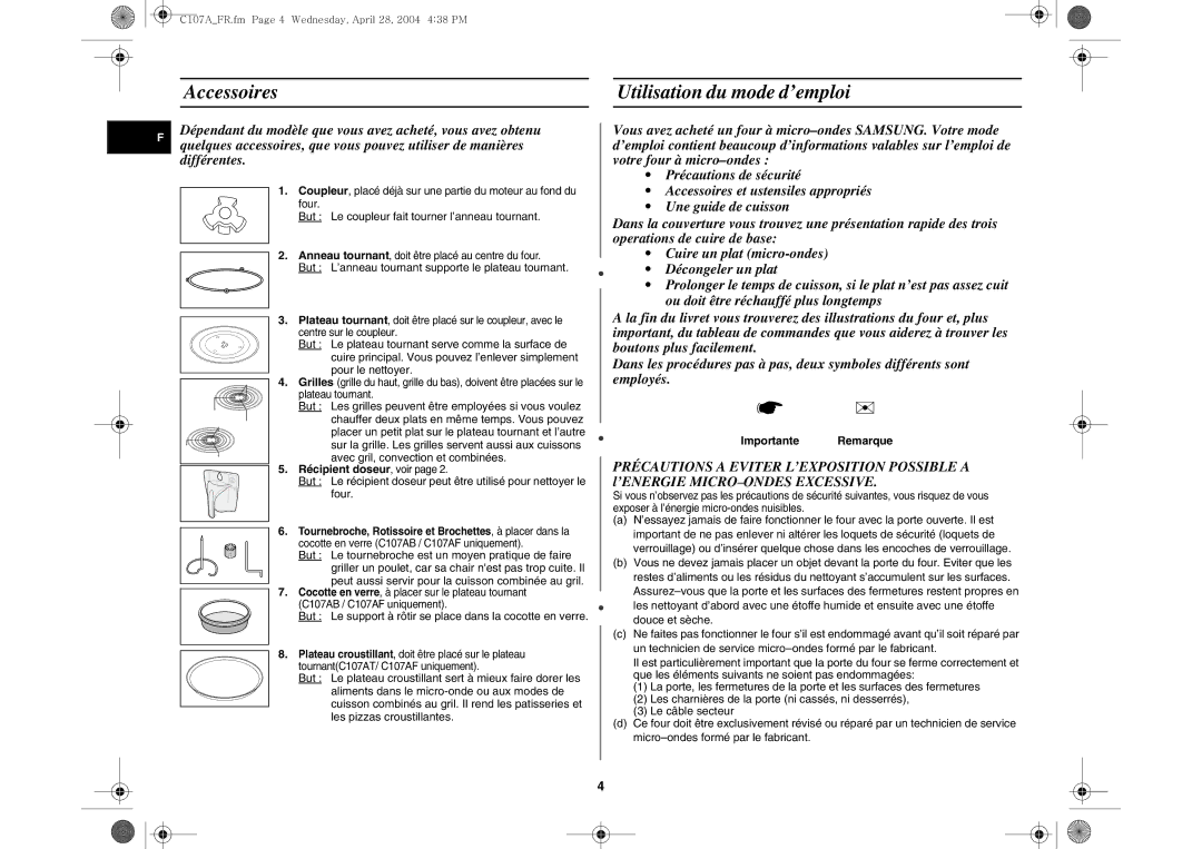 Samsung C107AT-5/XEF manual Accessoires Utilisation du mode d’emploi, Récipient doseur, voir, Importante Remarque 