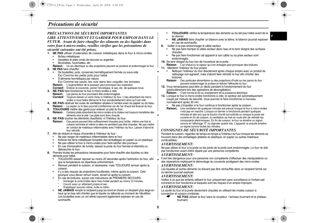 Samsung C107AT-5/XEF manual Précautions de sécurité, Précautions DE Sécurité Importantes, Consignes DE Sécurité Importantes 