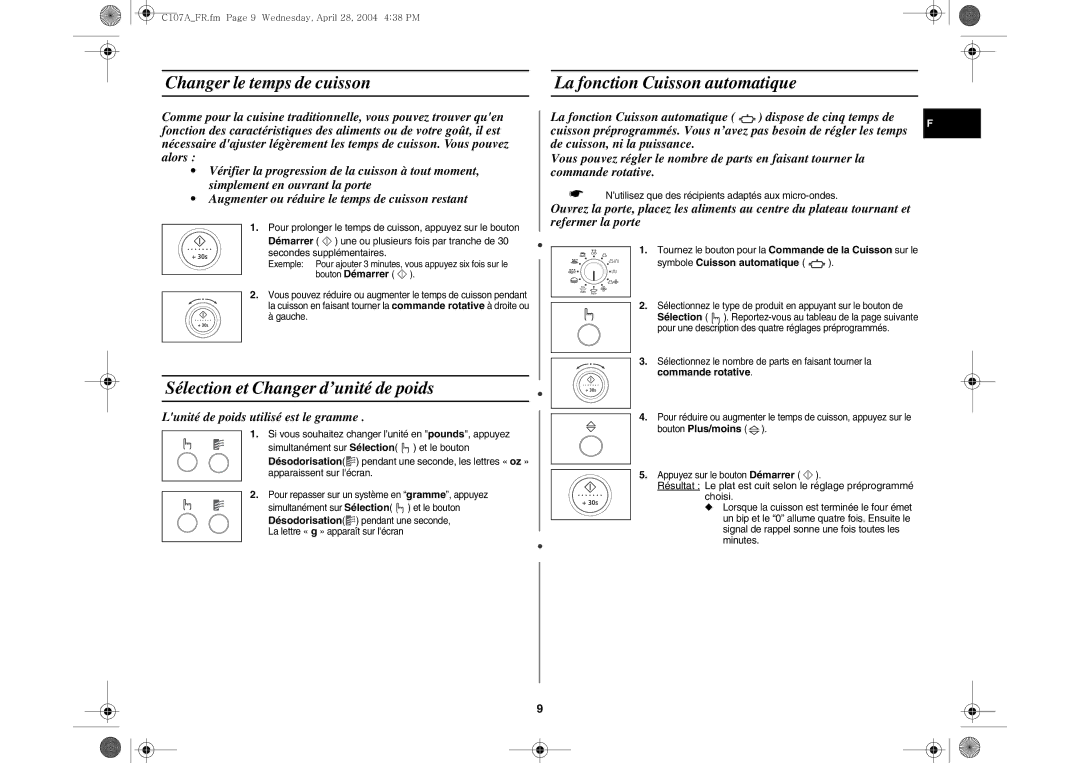 Samsung C107AT-5/XEF Changer le temps de cuisson La fonction Cuisson automatique, Sélection et Changer d’unité de poids 