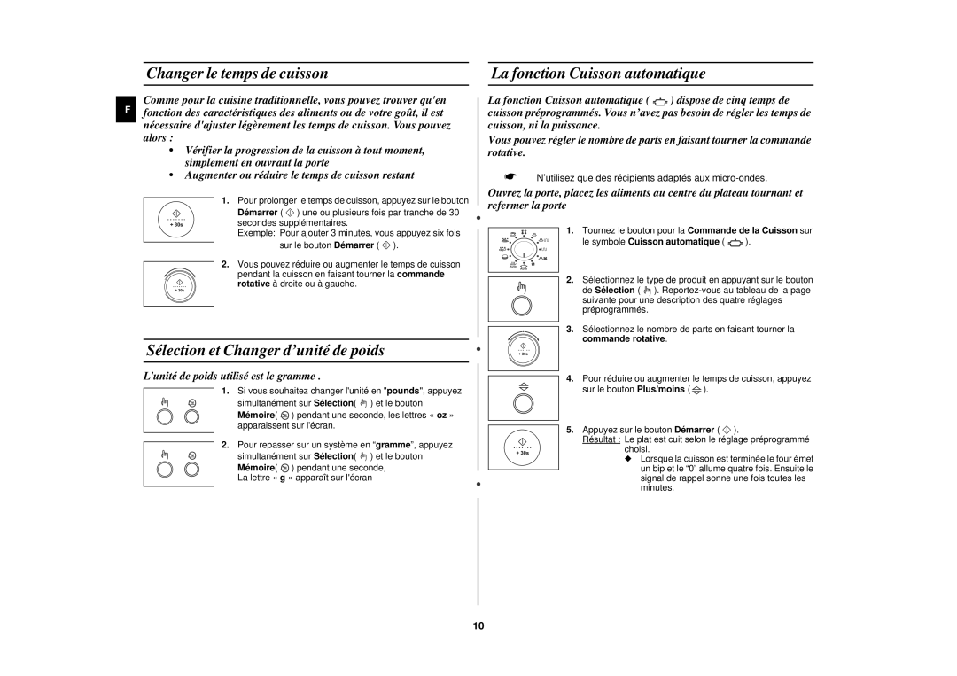 Samsung C107F-5/XEF Changer le temps de cuisson, Sélection et Changer d’unité de poids, La fonction Cuisson automatique 