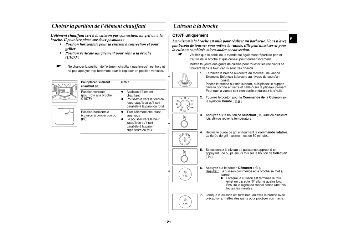 Samsung C107F/XEF, C107F-5/XEF manual Choisir la position de l’élément chauffant, Cuisson à la broche 