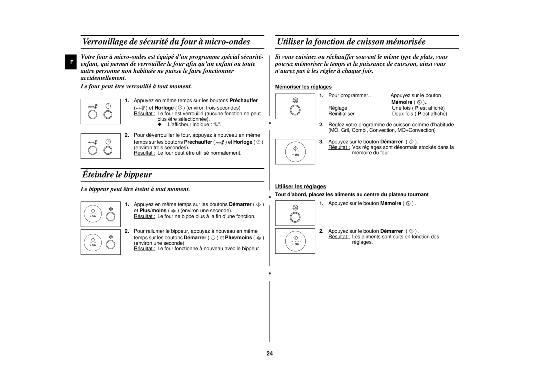 Samsung C107F-5/XEF Verrouillage de sécurité du four à micro-ondes, Éteindre le bippeur, Mémoriser les réglages, Mémoire 