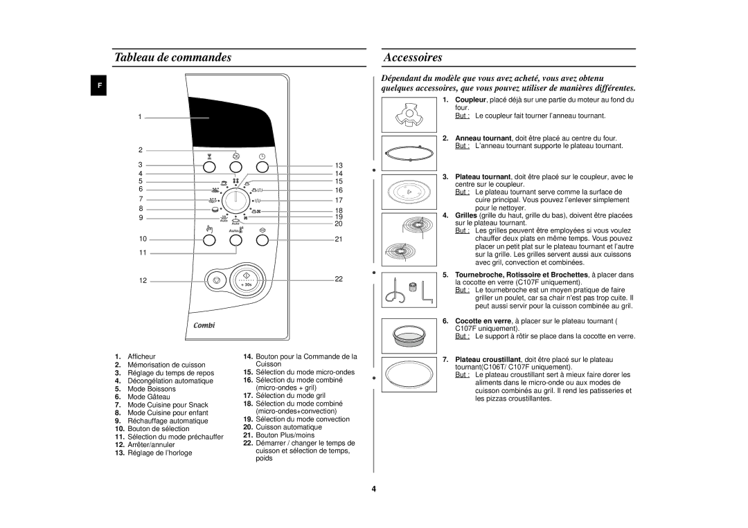 Samsung C107F-5/XEF, C107F/XEF manual Tableau de commandes Accessoires 