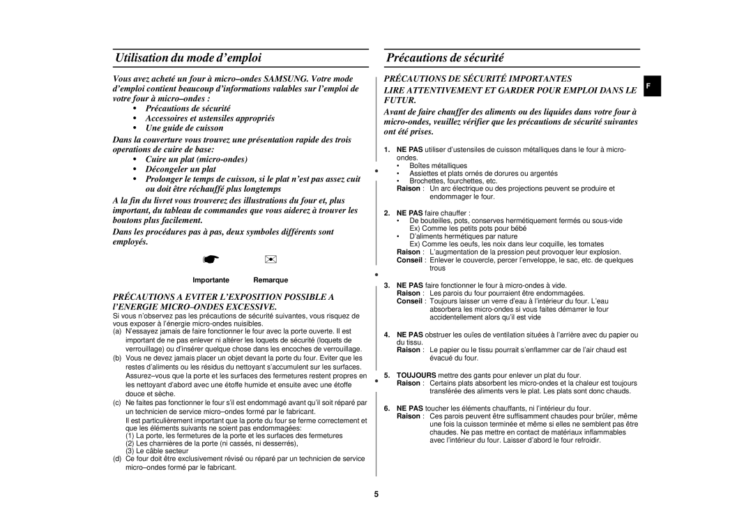 Samsung C107F/XEF, C107F-5/XEF manual Utilisation du mode d’emploi, Précautions de sécurité, Importante Remarque 