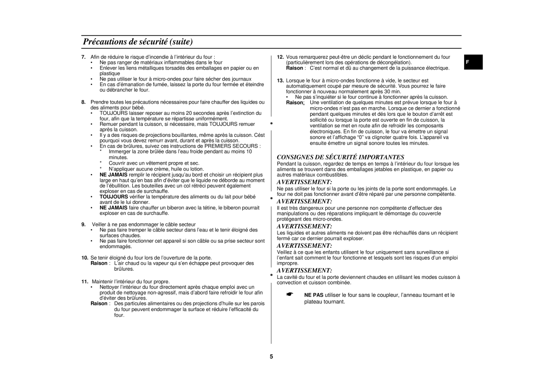 Samsung C107F/XEF, C107F-5/XEF manual Précautions de sécurité suite, Consignes DE Sécurité Importantes, Avertissement 