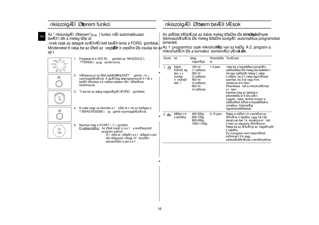 Samsung C108STF-5/XEH, C108STF/XEH manual Étterem szimbólumra, Gomb Étel Adag Pihentetési Tanácsok Nagysága Idő 