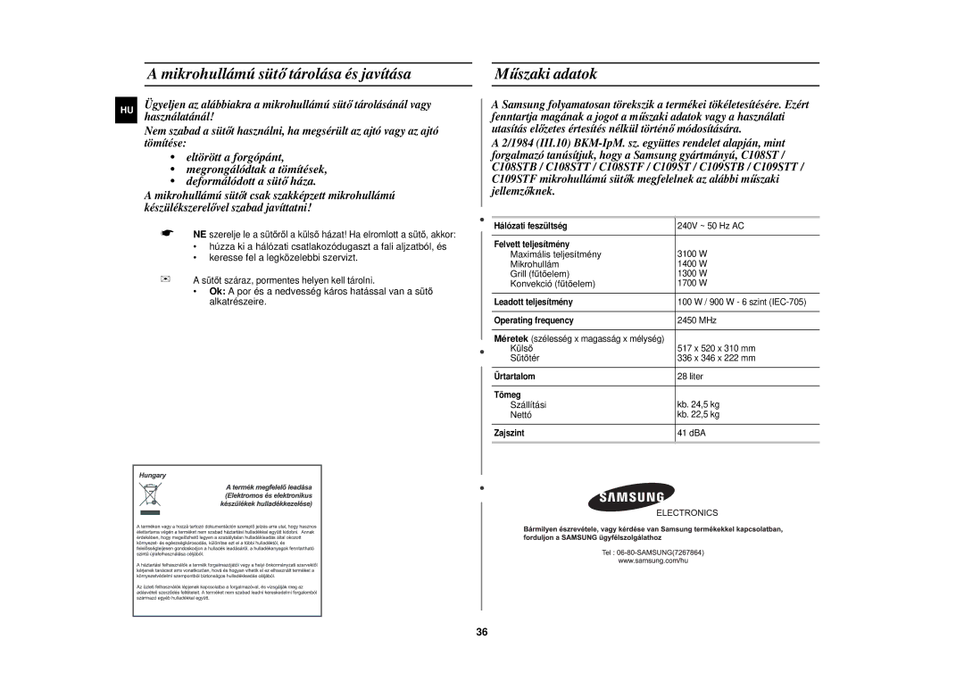 Samsung C108STF-5/XEH, C108STF/XEH manual Mikrohullámú süt ő tárolása és javítása, Műszaki adatok 