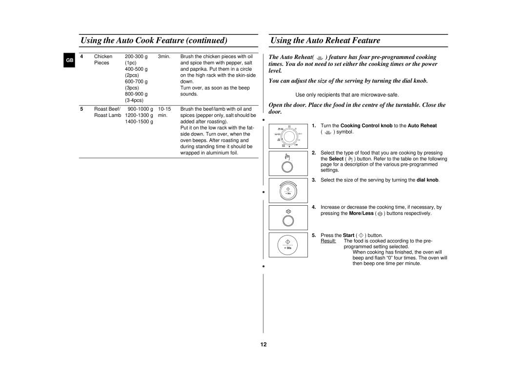 Samsung C108STF/XEN, C108STF-5/ELE manual Using the Auto Reheat Feature, Turn the Cooking Control knob to the Auto Reheat 