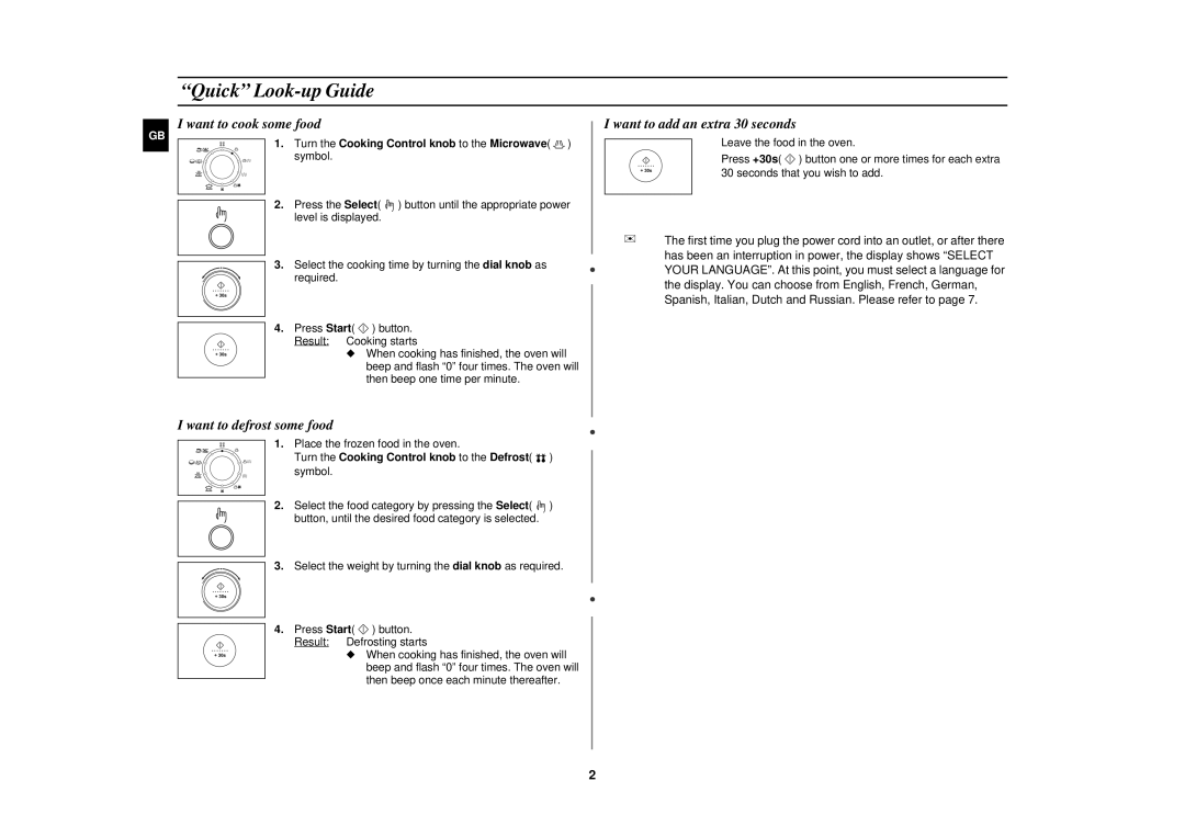 Samsung C108STF/ELE, C108STF/XEN, C108STF-5/ELE Quick Look-up Guide, Turn the Cooking Control knob to the Microwave symbol 