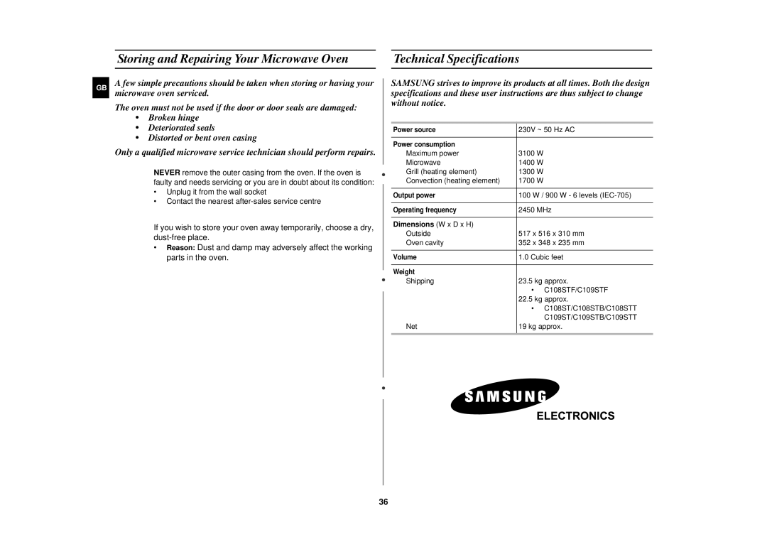 Samsung C108STF/XEN, C108STF-5/ELE, C108STF/ELE manual Microwave oven serviced, Dimensions W x D x H 