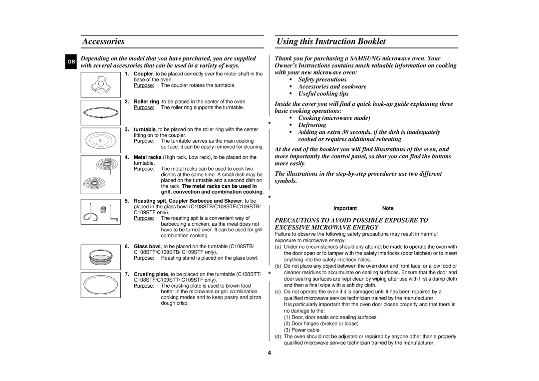 Samsung C108STF-5/ELE, C108STF/XEN, C108STF/ELE manual Accessories Using this Instruction Booklet, ImportantNote 