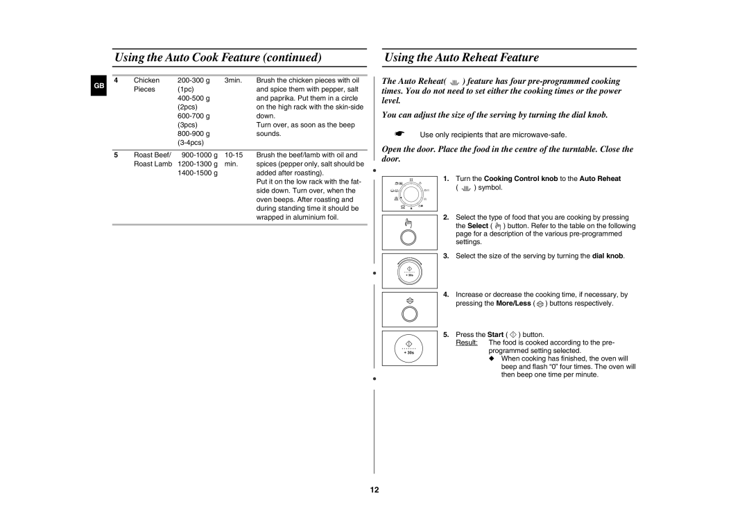 Samsung C108STF/XEN, C108STF-5/ELE manual Using the Auto Reheat Feature, Turn the Cooking Control knob to the Auto Reheat 