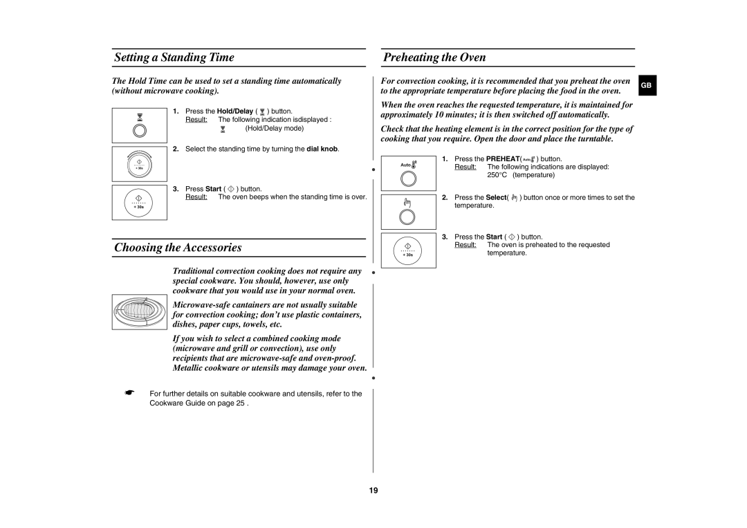 Samsung C108STF-5/ELE, C108STF/XEN, C108STF/ELE manual Setting a Standing Time Preheating the Oven, Choosing the Accessories 