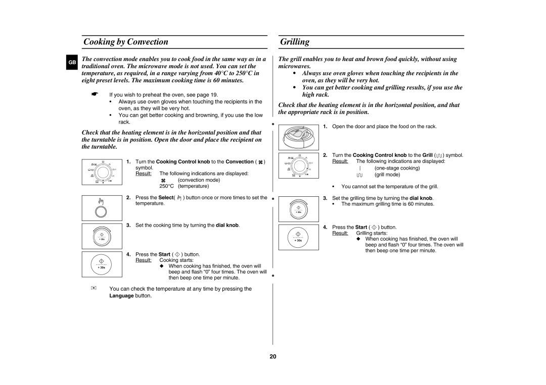 Samsung C108STF/ELE, C108STF/XEN Cooking by Convection Grilling, Turn the Cooking Control knob to the Convection symbol 