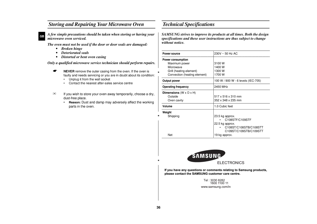 Samsung C108STF/XEN, C108STF-5/ELE, C108STF/ELE manual Microwave oven serviced, Dimensions W x D x H 