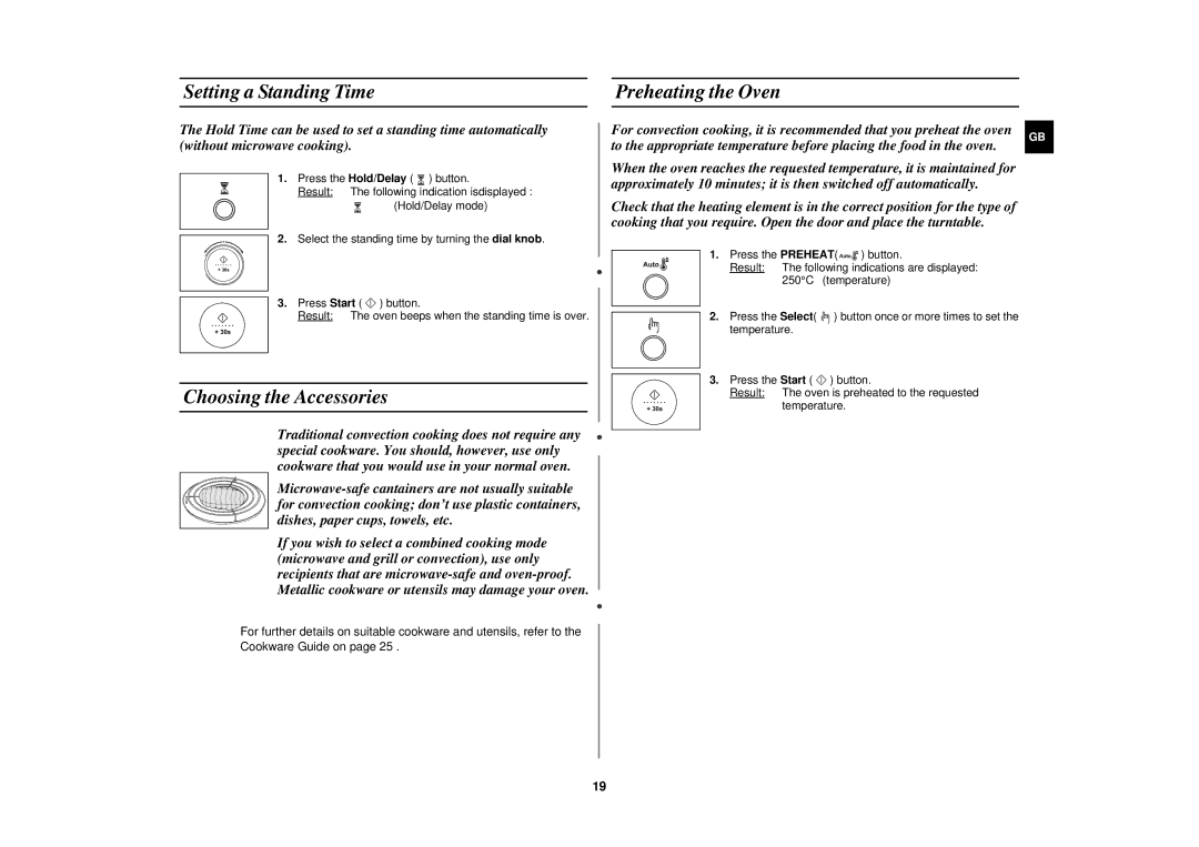 Samsung C108STF-5/XEH, C108STF/XEN, C108STF/LIB manual Setting a Standing Time Preheating the Oven, Choosing the Accessories 