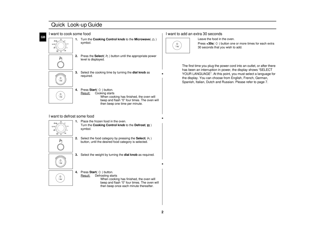 Samsung C108STF/LIB, C108STF/XEN, C108STF-5/XEH Quick Look-up Guide, Turn the Cooking Control knob to the Microwave symbol 