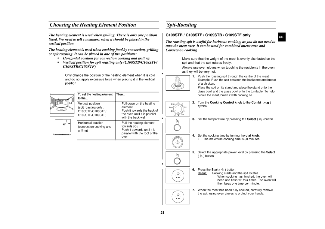 Samsung C108STF-5/ELE, C108STF/XEN, C108STF-5/XEH, C108STF/LIB manual Choosing the Heating Element Position, Spit-Roasting 