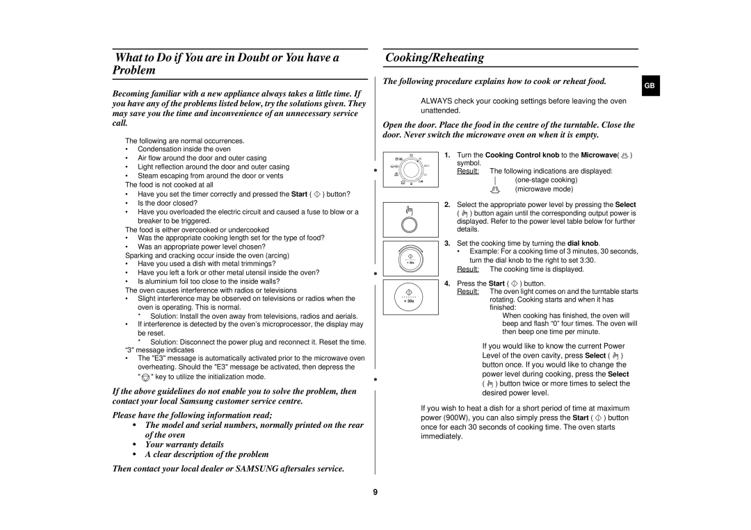 Samsung C108STF-5/ELE, C108STF/XEN, C108STF-5/XEH What to Do if You are in Doubt or You have a Problem, Cooking/Reheating 