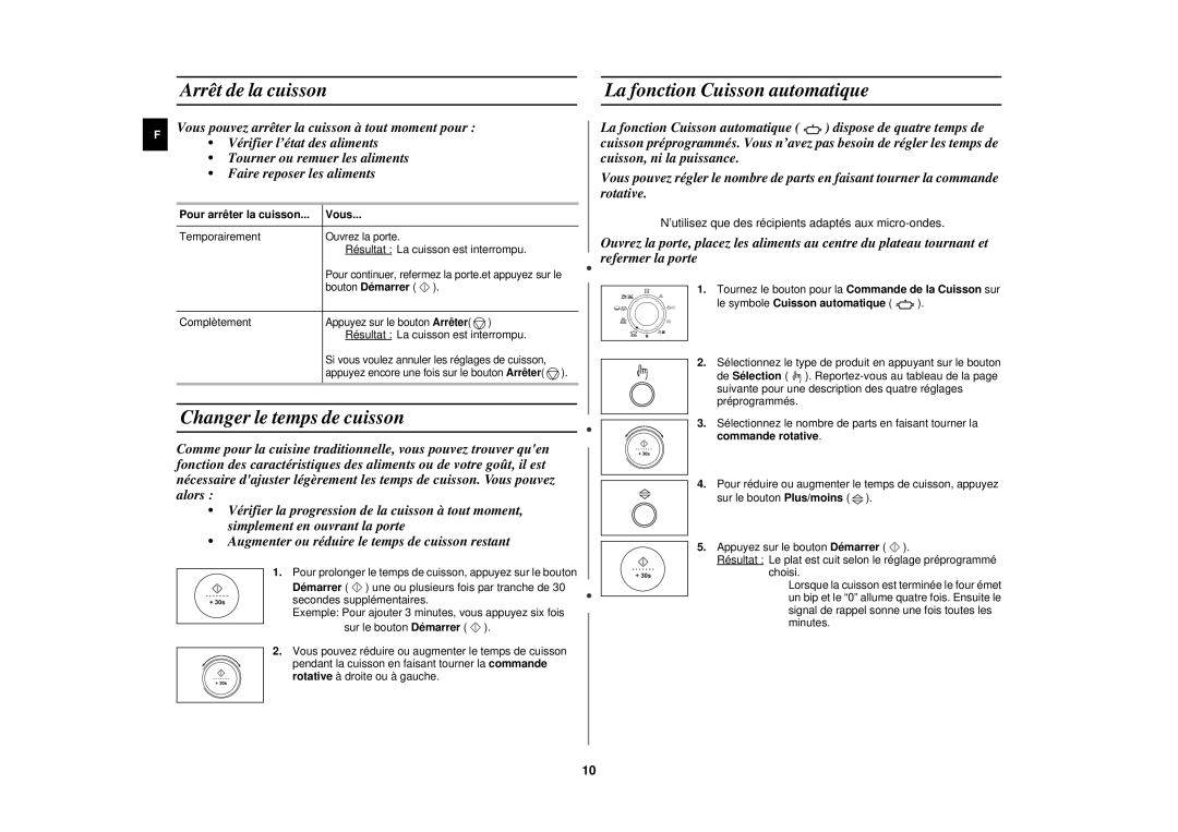 Samsung C108STF/XEN manual Arrêt de la cuisson La fonction Cuisson automatique, Changer le temps de cuisson 