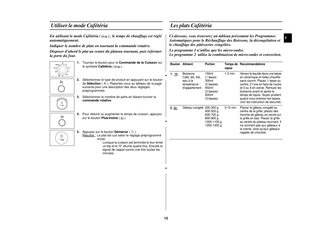 Samsung C108STF/XEN Utiliser le mode Cafétéria Les plats Cafétéria, Bouton Aliment Portion Temps de Recommandations Repos 