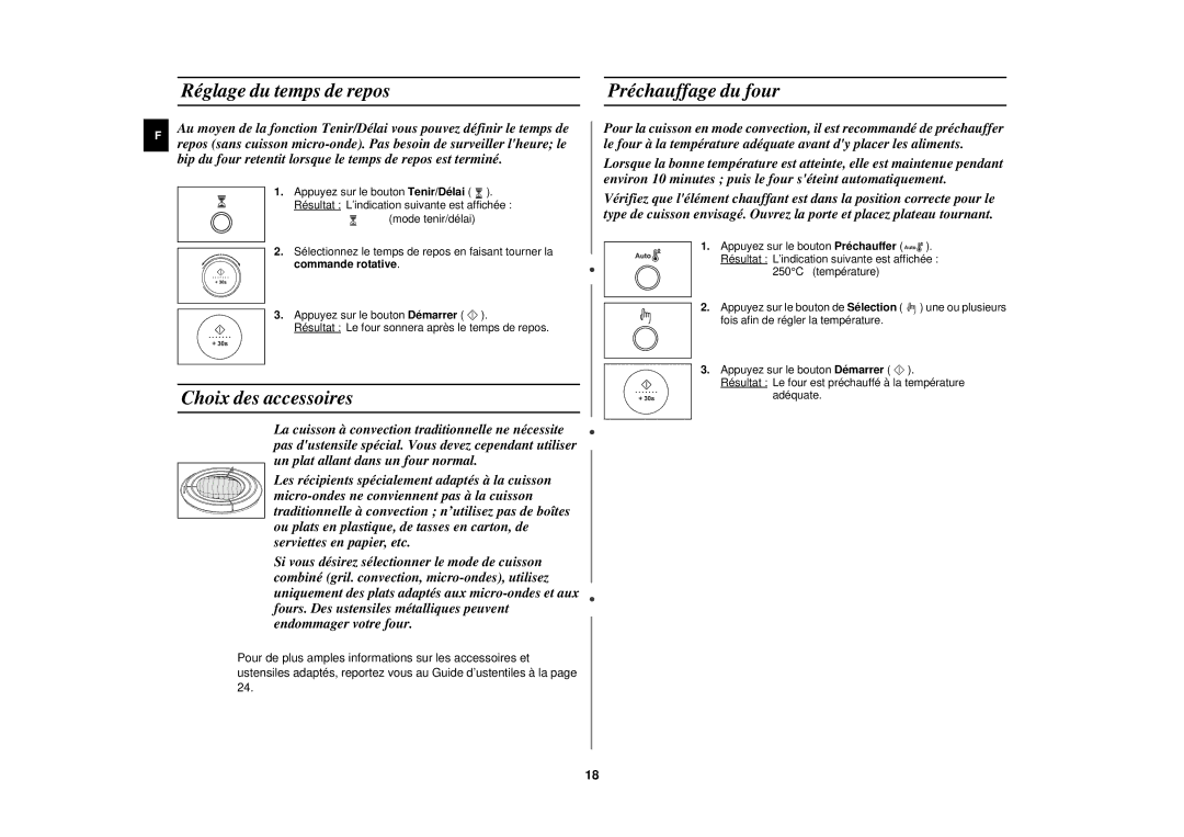 Samsung C108STF/XEN manual Réglage du temps de repos Préchauffage du four, Choix des accessoires 