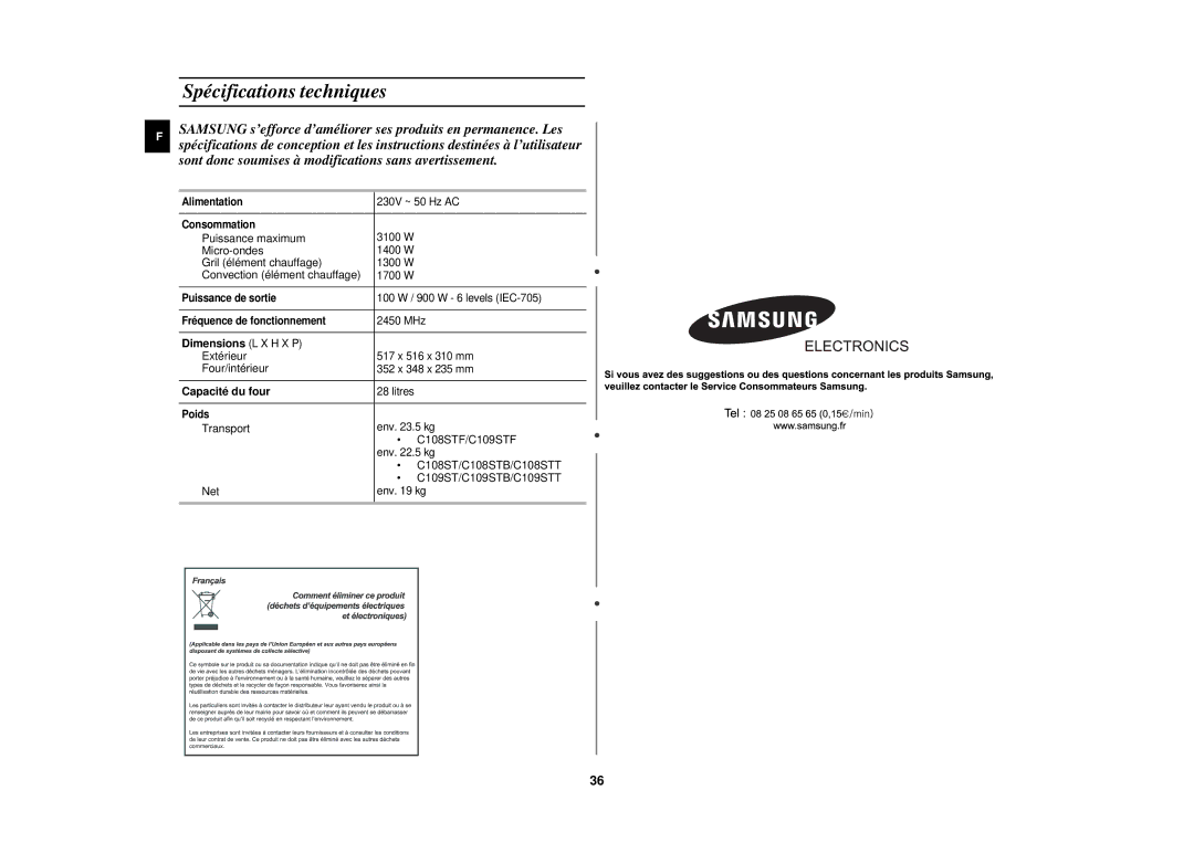 Samsung C108STF/XEN manual Spécifications techniques, Dimensions L X H X P, Capacité du four 