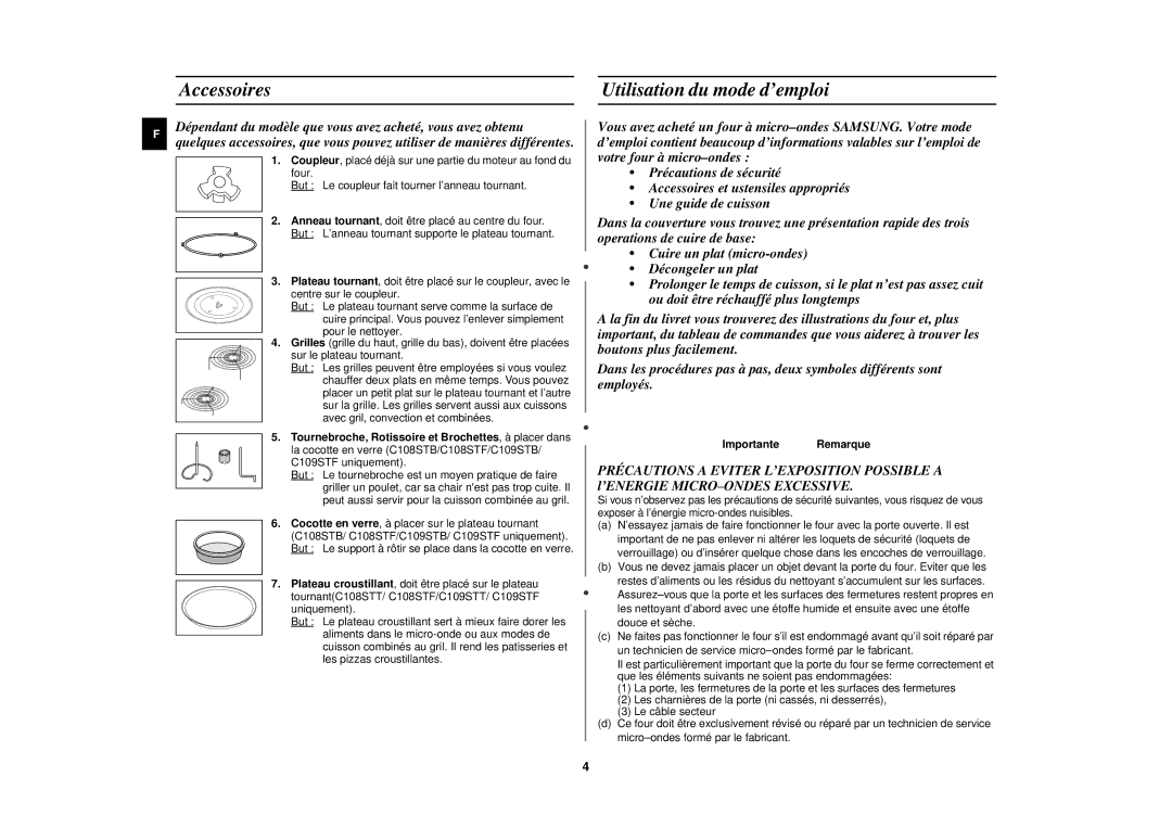 Samsung C108STF/XEN manual Accessoires Utilisation du mode d’emploi, Importante Remarque 