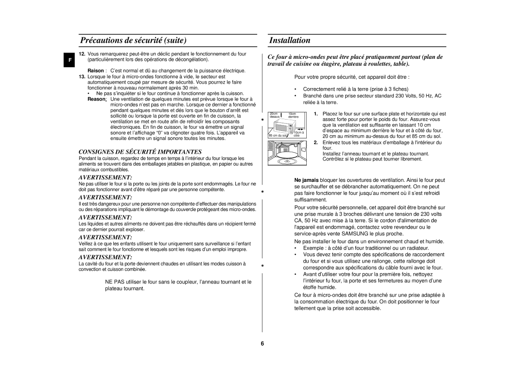 Samsung C108STF/XEN manual Précautions de sécurité suite, Installation, Consignes DE Sécurité Importantes, Avertissement 