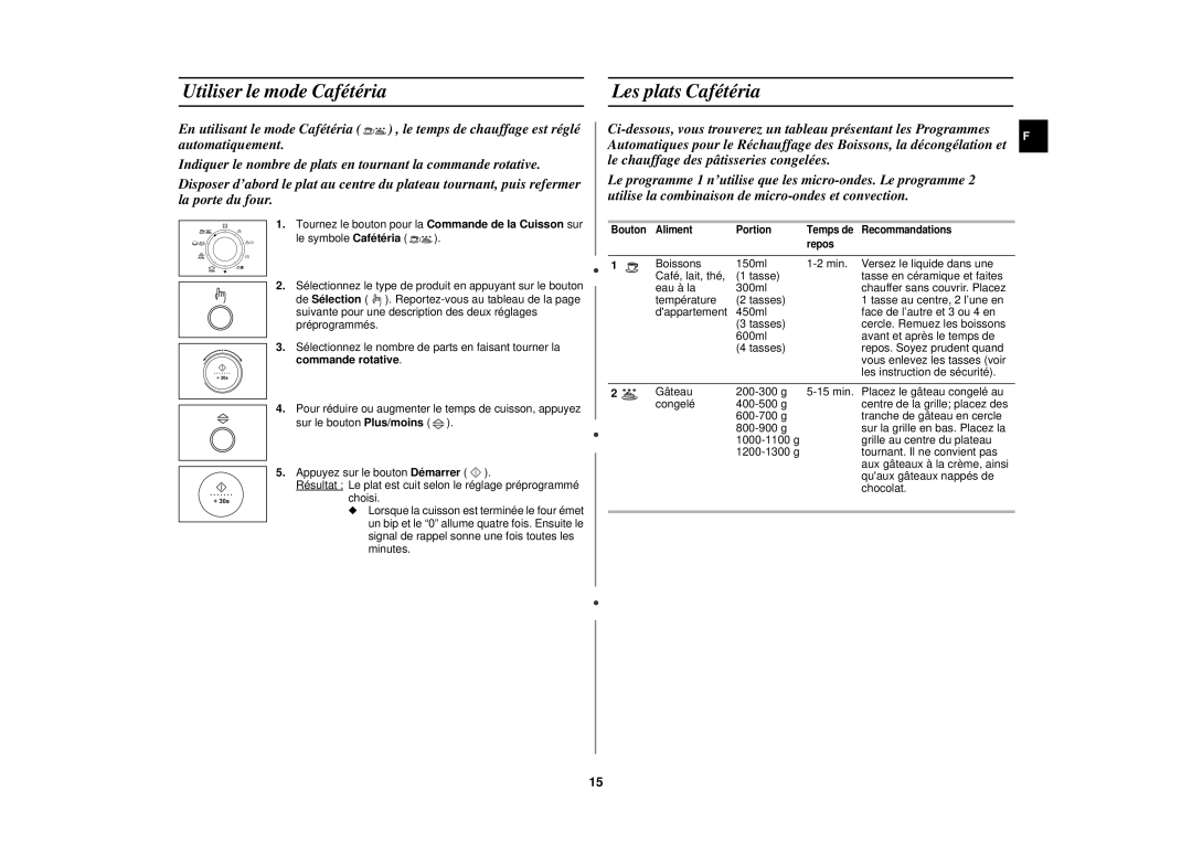 Samsung C108STT-5/XEF, C108STT/XEF manual Utiliser le mode Cafétéria Les plats Cafétéria 