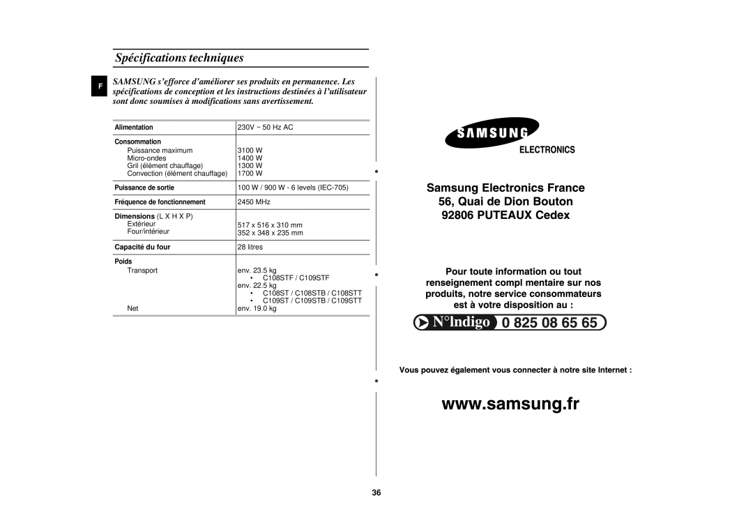 Samsung C108STT/XEF, C108STT-5/XEF manual Spécifications techniques, Dimensions L X H X P, Capacité du four 