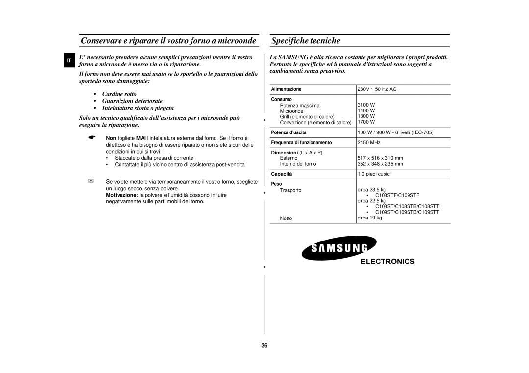 Samsung C109STF Conservare e riparare il vostro forno a microonde, Specifiche tecniche, Dimensioni L x a x P, Capacità 