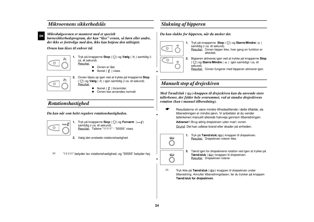Samsung C109STC/XEE manual Mikroovnens sikkerhedslås, Rotationshastighed, Slukning af bipperen, Manuelt stop af drejeskiven 