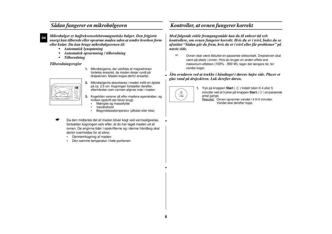 Samsung C109STC/XEE, C109STC-5/XEE manual Sådan fungerer en mikrobølgeovn, Kontroller, at ovnen fungerer korrekt 