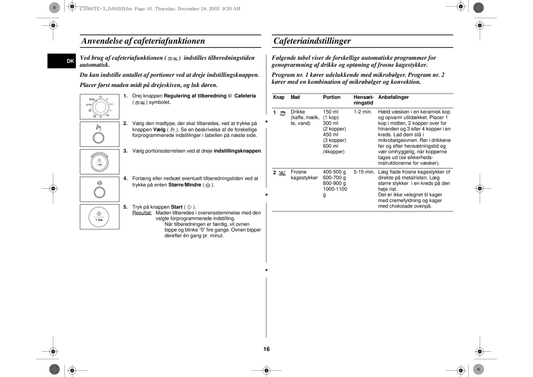 Samsung C109STC/XEE manual Anvendelse af cafeteriafunktionen Cafeteriaindstillinger, Portion Hensæt Anbefalinger Ningstid 