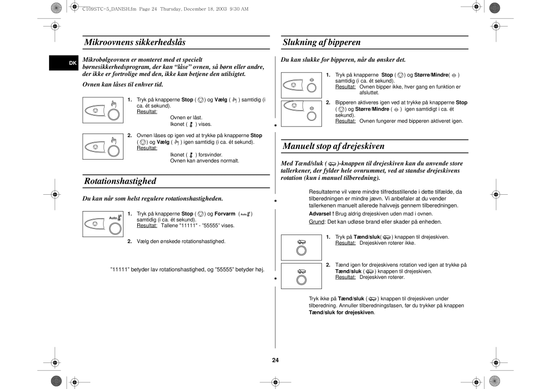 Samsung C109STC/XEE manual Mikroovnens sikkerhedslås Slukning af bipperen, Rotationshastighed, Manuelt stop af drejeskiven 