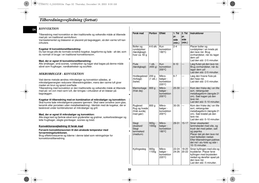 Samsung C109STC/XEE, C109STC-5/XEE manual Mikrobølger Konvektion, Kogekar til konvektionstilberedning 
