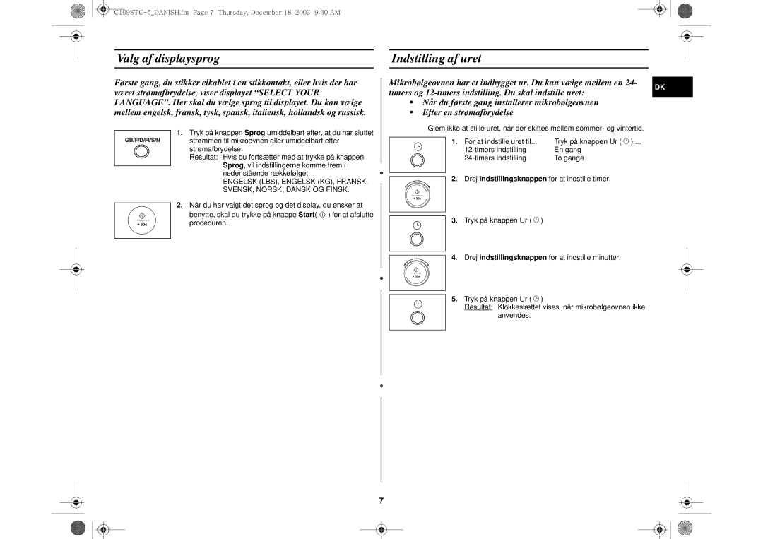 Samsung C109STC-5/XEE, C109STC/XEE manual Valg af displaysprog Indstilling af uret 