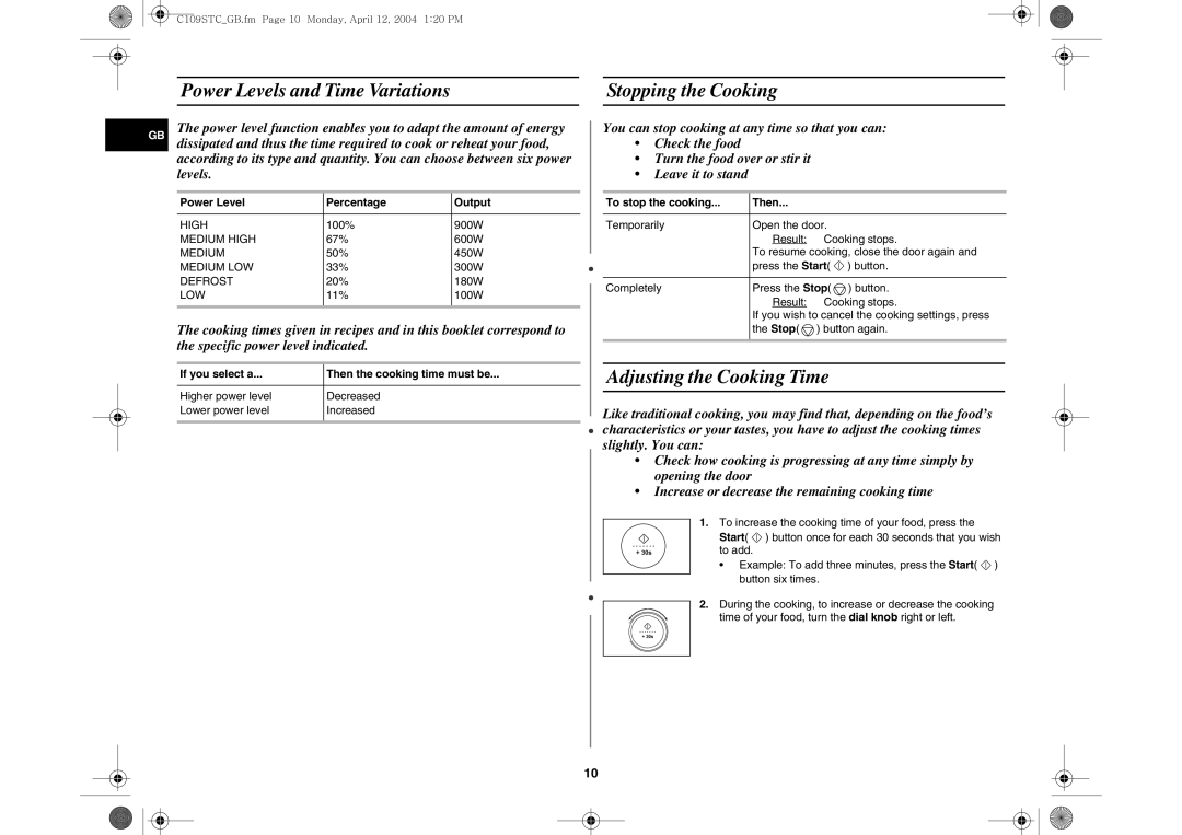 Samsung C109STC/XEE, C109STC-5/XEE manual Power Levels and Time Variations Stopping the Cooking, Adjusting the Cooking Time 