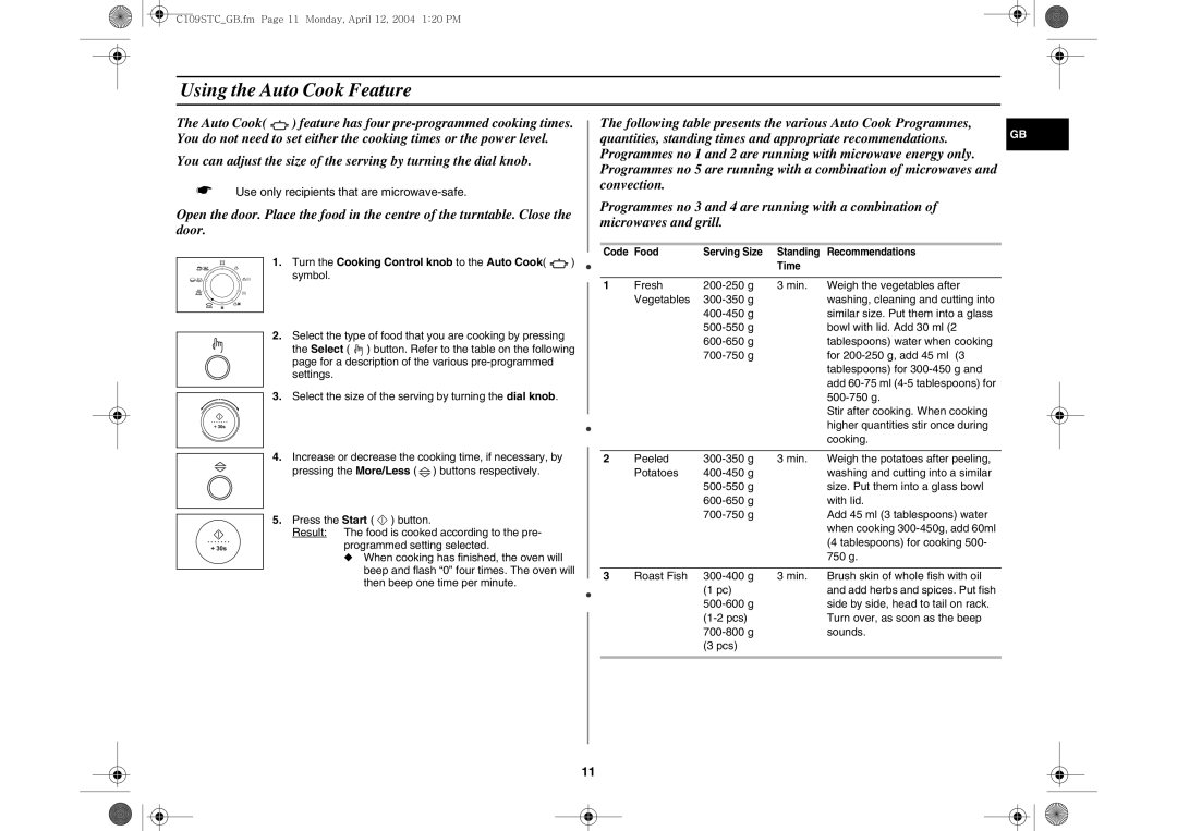 Samsung C109STC-5/XEE, C109STC/XEE manual Using the Auto Cook Feature, Turn the Cooking Control knob to the Auto Cook symbol 