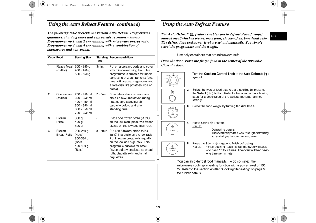 Samsung C109STC-5/XEE, C109STC/XEE manual Using the Auto Reheat Feature Using the Auto Defrost Feature 