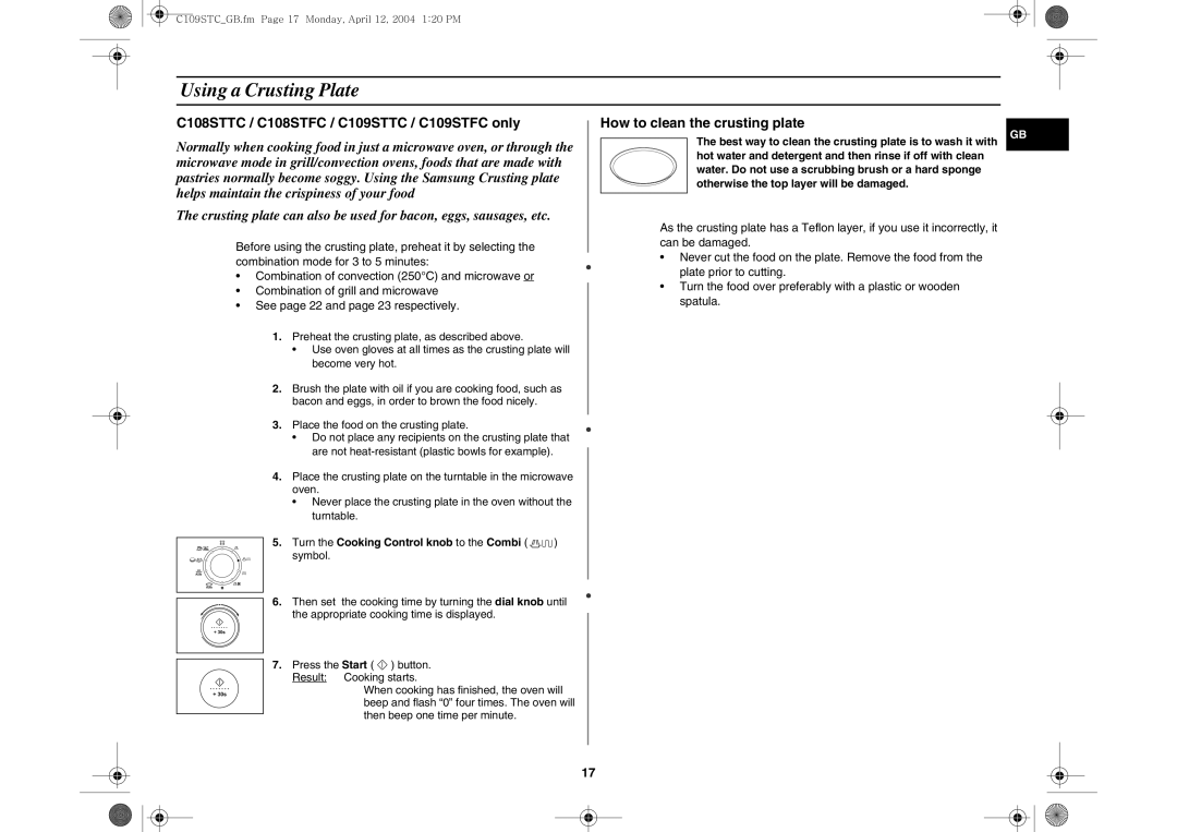 Samsung C109STC-5/XEE, C109STC/XEE manual Using a Crusting Plate, Turn the Cooking Control knob to the Combi symbol 